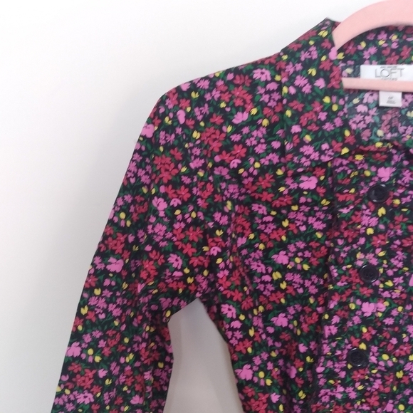 LOFT Black and Pink Floral Cotton Midi Shirt Dress Size 6 Petite - Picture 9 of 12